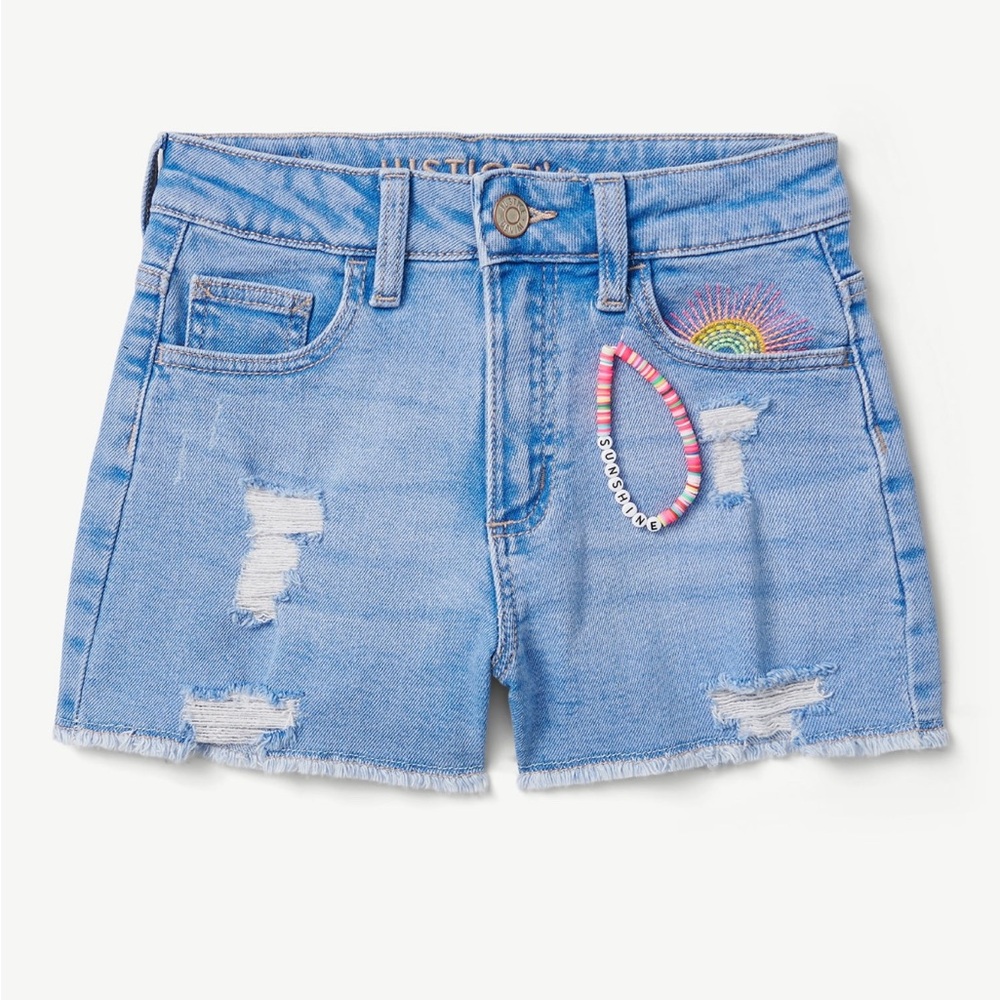 Justice girls distressed denim shorts with rainbow on pocket size 8